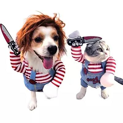 China Viable Custom Funny Chucky Dog Clothes Pet Costume Deadly Dog Doll Holding A Knife Dog Costume for sale