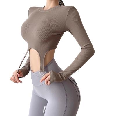 China Breathable Custom Logo Solid Color Long Sleeve O Neck Crop Tops Gym Shirt Women Sexy Yoga Tops Sportswear Quick Dry Yoga Top for sale