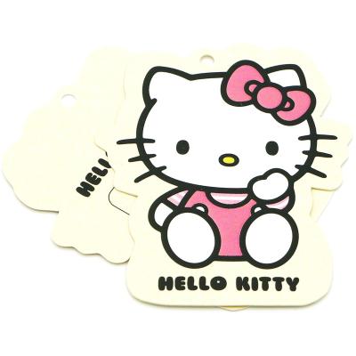 China Customized Shtamping Viable Hello Kitty Logo Paper Swing Tag with Grommet for Kids Garment Bags Toys Shoes for sale