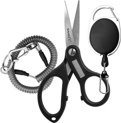 China Ergonomic Handle with Oversized Finger Holes SAMSFX Fishing Braid Scissors Serrated Fishing Scissors with Hook Sharpener Zinger Retractors and Wire Coiled Lanyard Combo for sale