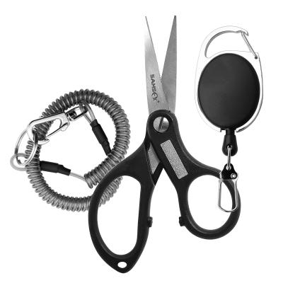 China 420 SAMSFX Stainless Steel Fishing Braid Line Scissors Black with Coiled Zinger Retractors Lanyard and Line for sale