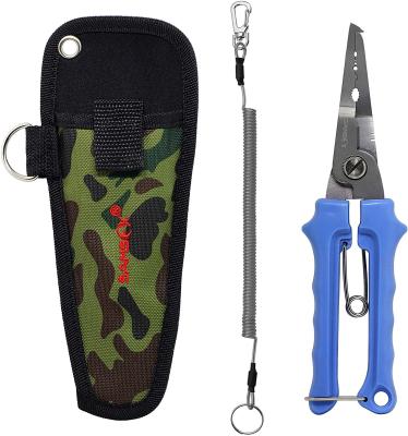 China Carbon Steel SAMSFX 8 Inch Locking Fishing Pliers with Coiled Lanyard and Camouflage Sheath Fishing Pliers with Case for sale