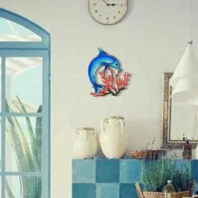 China Art Decor Home Decor Stained Glass Dolphin Liffy Bright Style with Coral Pattern Handmade Marine Wall Art Decor for sale