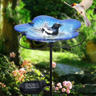 China Wholesale Country Large Blue Glass Garden Decor Liffy Flower Bird Bath Driver With Metal Stand And Solar for sale