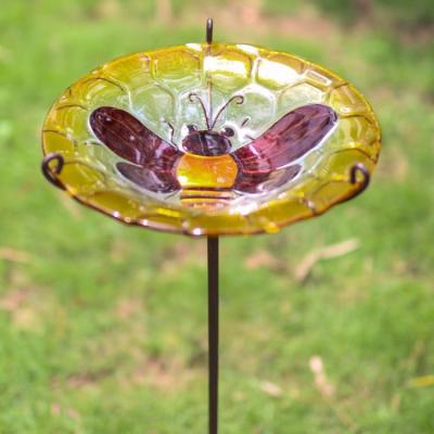 China Liffy Garden Decor Hand Paint Stocked Garden Stake Metal Printing Bee Glass Bowl Bird Bath Holder Colored Feeder for sale