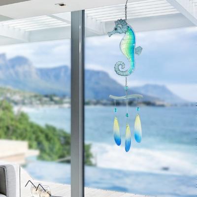 China Manufacturer Garden Patio Decor Handmade Glass with Metal Wind Chime Seahorse Design Wind Chime for sale