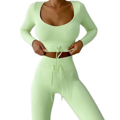 China Wholesale Breathable Yoga Seamless Suit Yoga Suit Fitness Wear Long Sleeve Long Drawstring Pants Quick Dry Breathable Yoga Suit for sale