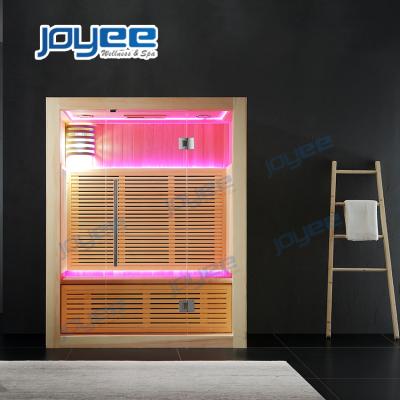 China Computer Control Panel JOYEE 2 Person Canada Cedar Wood Carbon Hemlcom Carbon Heater Sauna Red Far Infrared Sauna Cabinet For Home Use for sale