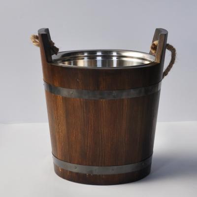 China American Style Wooden Ice Bucket Hotel Cafe Bar Wooden Dinner Picnic Stainless Steel Coating Pine Rope Holding Wooden Bucket for sale