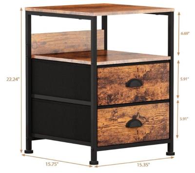 China Industrial Black End Table With 2 Drawers Industrial Nightstand With Open Storage Buries Bedside Table Wooden Nightstand Easy Assembly for sale