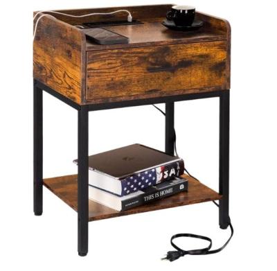 China Industrial Nightstand Side Table Industrial Bedside Table with 2 Drawers and Open Shelf Brown End Table with Steel Frame for Bedroom for sale