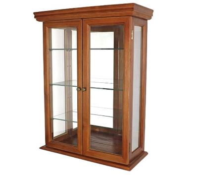 China Wooden wall mounted storage curiosity cabinet with real heated glass door, unstain hinge and steel buckle for sale