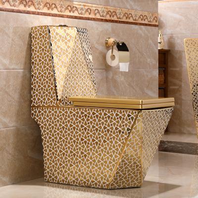 China Bathroom Royal Luxury Golden One Piece Toilet Bowl Double-Flow Wholesale Wc Diamond Shape Gold Ceramic Toilet for sale