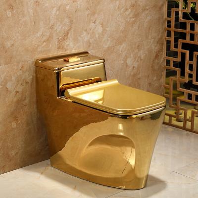 China Double-flow Luxury Design Gold Color Toilet Bowl One-piece Floor-standing Bathroom WC Gold Ceramic Plating Toilet for sale