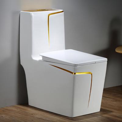 China Double-Flow Luxury Multicolor Ceramic Gold Line Plated Bathroom Commode WC One Piece Square Toilet Bowl Ceramic WC Gold Toilet for sale