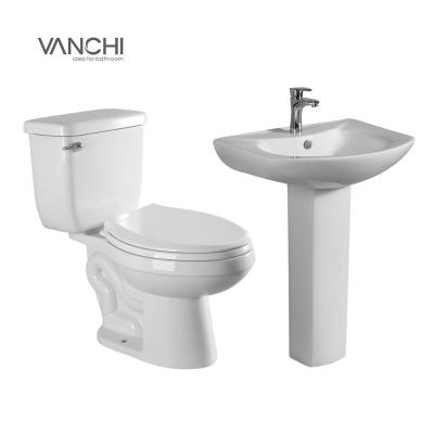 China Modern Western Ceramic Sanitary Suit Two Piece Toilet Bowl Double-Flow Ware Bathroom WC Toilet and Basin White Toiletry Set for sale