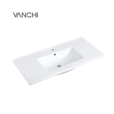 China Various Newly Design Easy Clean Modern Slim Edge Rectangular White Bathroom Vanity Basin Countertop Washroom Cloakroom Wash Sink Rectangular White Basin for sale