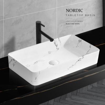 China New Arrival Easy Clean Ceramic Marble Sanitary Ware Basin Rectangular White Marble Ceramic Countertops Art Basin Countertop Bathroom Sinks for sale