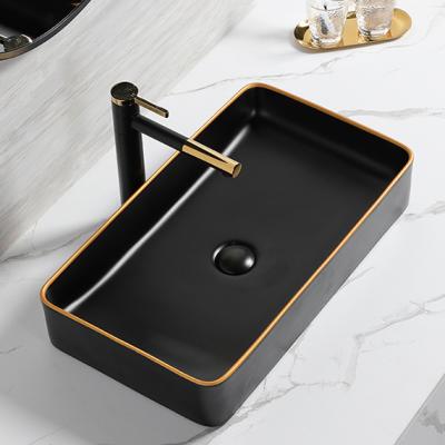 China Easy Clean Modern Wash Basin Rectangular Above Counter Black Color Vessel Down Bowl Ceramic Hand Wash Basin Matt Black Bathroom Sinks for sale