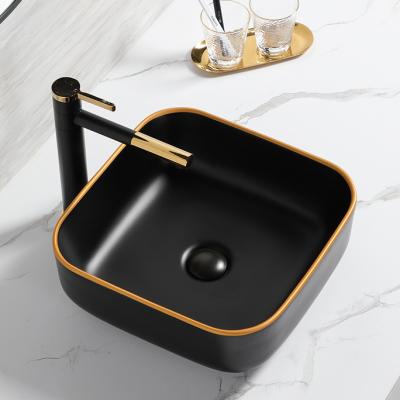 China Wash Basin Countertop Black Gold Bathroom Easy Clean Vessel Sinks Matte Black Wash Basin Ceramic Small Rectangular Bathroom Sinks for sale