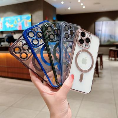 China Shockproof Transparent Soft TPU Mobile Phone Cover Plating Magnetic Phone Case For iPhone 14 13 12 pro max for sale