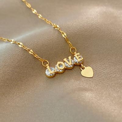 China Newest Arrival Vintage Korean Crystal Love Heart Pendant Necklace Stainless Steel Letter Love Charm Necklace for sale