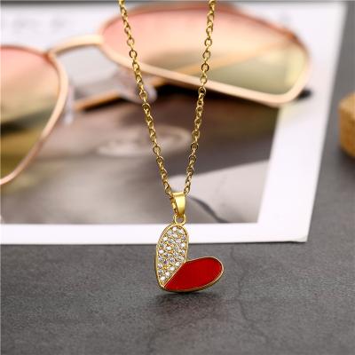 China New Design Vintage Zircon Enamel Heart Necklace Stainless Steel Oil Drip Korean Cubic Red Heart Red Heart Pendant Necklace for sale