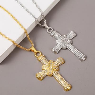 China Vintage Hip Hops High Quality CZ Zircon Cross Chain Link Chain Alloy Knot Cross Pendant Necklace High Quality for sale