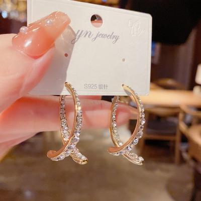 China Vintage Luxury Shining Diamond C Shaped Drop Earrings Bling Crystal Rhinestone Curved Hoop Earrings for sale