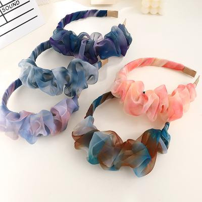 China New Fashion Girl Hair Accessories Women Big Tie Dye Hair Band Organza Scrunchies Plated Headband Simple for sale