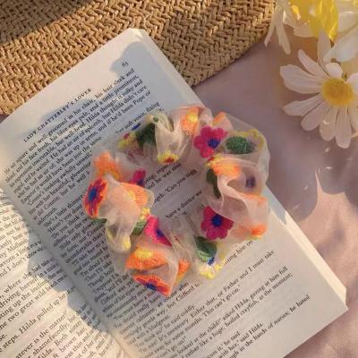 China 2021 Fashion INS Bows Ring Hair Circle Mesh Yarn Hair Tie Embroidery Retro Flowers Hair Scrunchies For Girl for sale