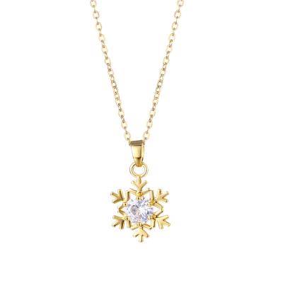 China Vintage Winter New Arrival Stainless Steel Snow Crystal Necklace Gold Plated Brass Zircon Snowflake Necklace for sale