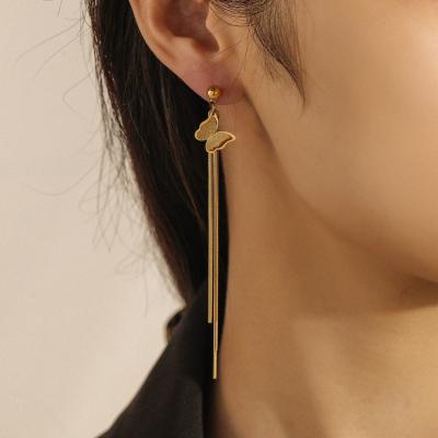 China Vintage Stainless Steel Butterfly Earrings Gold Color Fashion Chain Earring Trend 2021 High Quality for sale