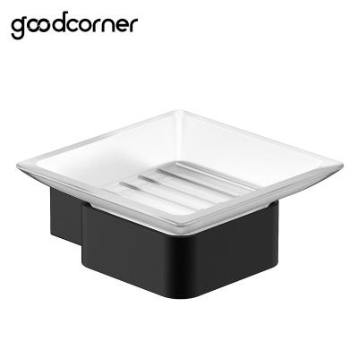 China SS304 Modern Matte Black Stainless Steel Bathroom Accessories Soap Dish Holder With Glass Dish for sale