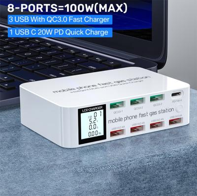 China Mobile Phone Charger PSDA 100W 8 Ports LCD Display Quick Charge 3.0 USB Charger Adapter HUB Type C PD Fast Phone Charger for Android Phone iPhone Huawei Samsung for sale