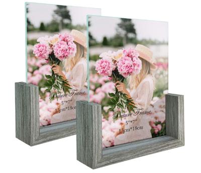 China Easy Installation Glass Picture Photo Frame Double Sided Floating Transparent Wood Wall Art Marco Frame And Acrylic Wood Wrapping Outer Material for sale