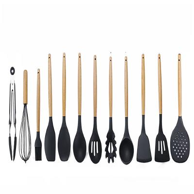 China Wideal FDA Sustainable Heat Resistant Silicone 12-Piece Kitchen Utensils Sets With Wooden Handle In Stock for sale