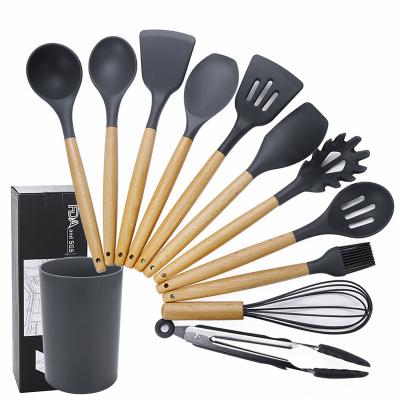 China Wideal Eco-Friendly Silicone 11-Piece Kitchen Utensils Sets With Wooden Handle Bake Ware Set for sale