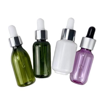 China Personal Care Set 20ml 30ml Luxury Empty Cosmetic Multicolor Serum Aluminum Collar Dropper Bottle Essential Oil Round Petg Bottle With Drop for sale