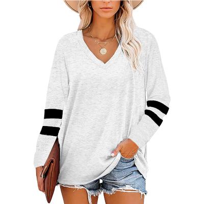 China Custom Solid Color V-Neck Anti-Wrinkle Apparel Crew Neck Long Sleeve Loose Tees Blanket Custom Print Women's T-shirt Women's T-shirts for sale