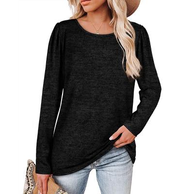 China Anti-Wrinkle Customized Wholesale New Color 2022 Solid High Quality Loose Casual Soft Women's Round Neck Pleated Long Sleeve Top T-Shirt for sale