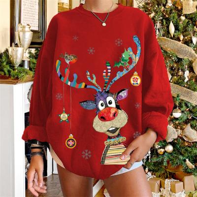 China Anti-Wrinkle Christmas Sweater Christmas Deer Print Round Neck Long Sleeve Pullover Padded Sweater Women, 5 Colors for sale