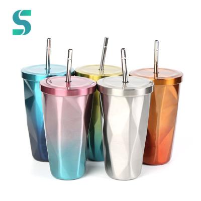 China Sustainable Diamond Double Wall Drinking Cups Irregular Coffee Mugs 16oz Stainless Steel Tumbler With Straw for sale