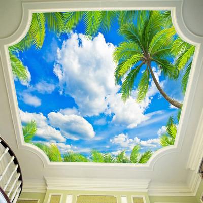 China Modern Custom Green Leaves Blue Sky White Clouds Zenith 3D Ceiling Mural Modern 3d Bedroom Ceiling Mural Wallpaper Modern Living Room for sale