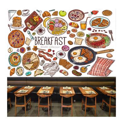 China Modern breakfast wallpaper KOMNNI industrial decor bombs pancakes in dish donut doodles pack juice glass cafe mural wallpapers for sale