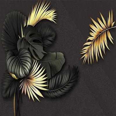 China KOMNNI Geometry 3D Wall Mural Nordic Black Tropical Plants Wallpaper Living Room Background Wall Mural Custom Modern Golden for sale