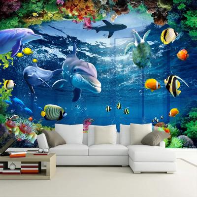 China KOMNNI Abstract Wall Mural Wallpaper 3D Modern Custom Underwater Coral Children Room Living Room Dolphin Fish World Home Decor for sale