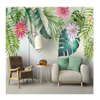 China KOMNNI Modern custom-made Nordic minimalist fresh green small leaves wallpaper watercolor style photo living room background wall painting for sale