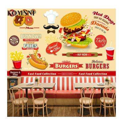 China Restaurant Modern Custom Hand Painted Western Wall Fast Food Burgers KOMNNI Mural Skin and Stick Wallpaper Snack Bar Yellow Wallpaper for sale