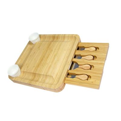 China Sustainable Premium Wooden Cheese Board Cheese Server Bamboo Tray With Stainless Steel Serving Utensils for sale